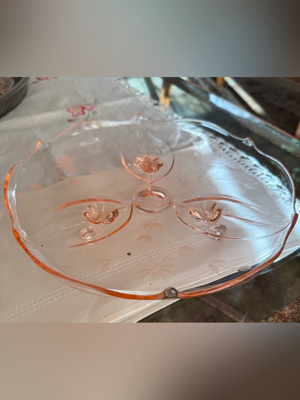 Vintage Pink Depression Glass 3 - Footed Serving piece Lancaster Glass Jubilee
